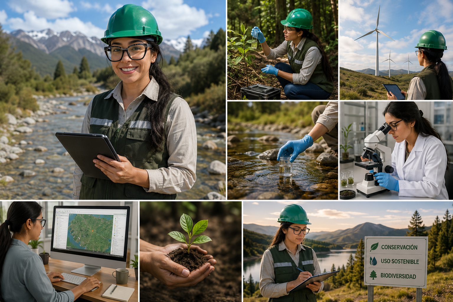 Collage de tareas ambientales: monitoreo, muestreo, laboratorio, GIS, plantación y conservación