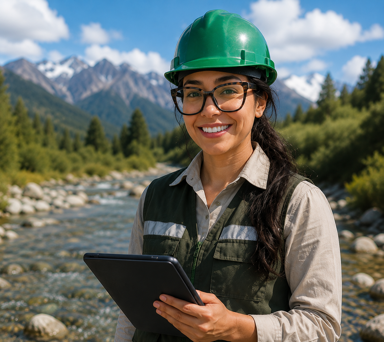 Profesional ambiental con casco verde en contexto de trabajo de campo